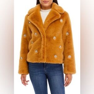 Crown & Ivy‎ Faux Fur Teddy Bear Jacket Tan NEW XL Rhinestones Mobwife SOFT Boxy